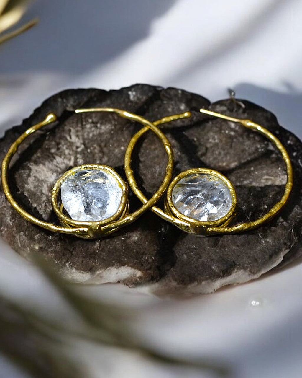 Brass Quartz Hoops