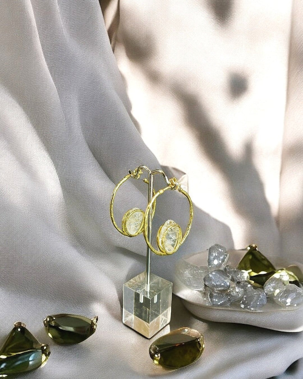 Brass Quartz Hoops